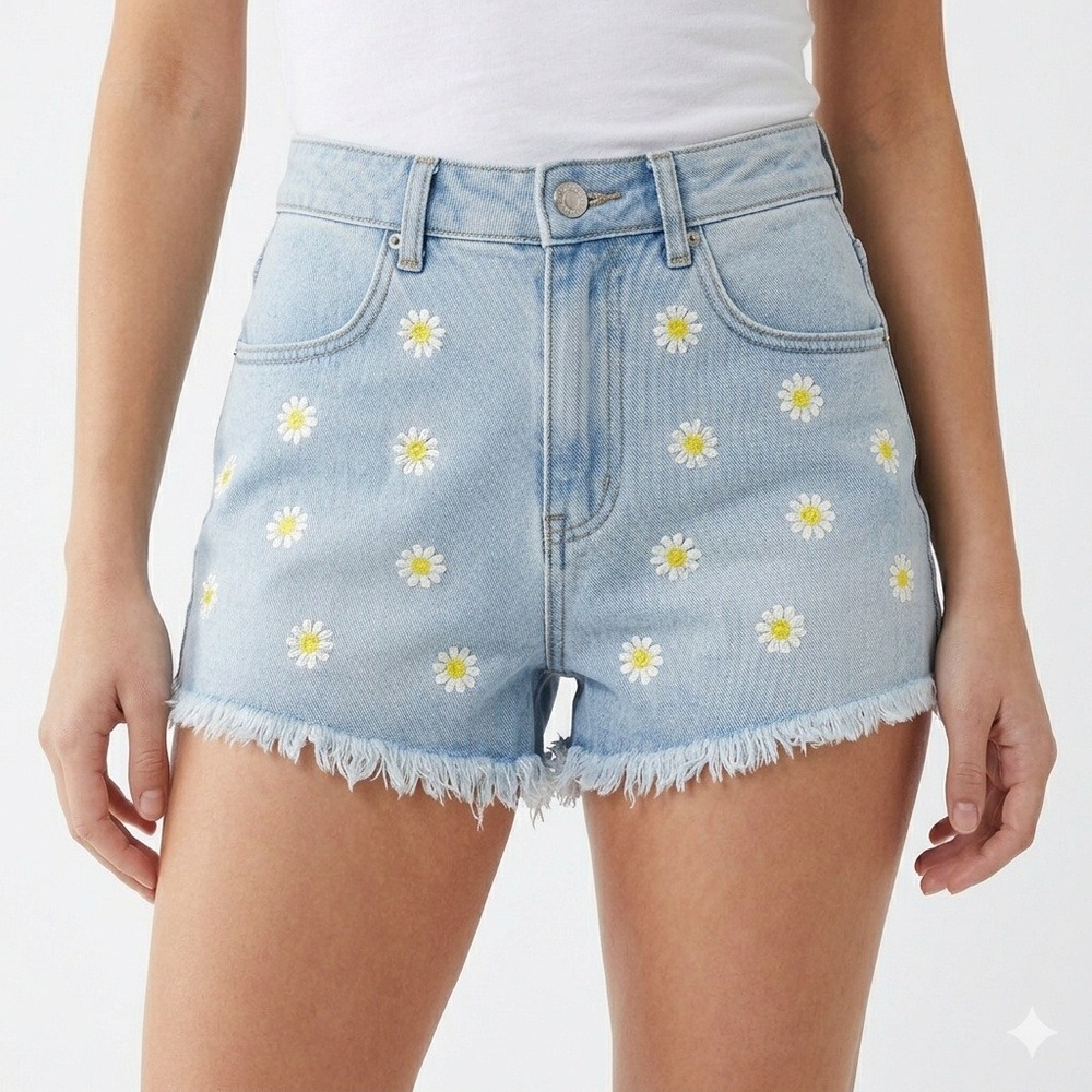 NWT Forever 21 Sunflower Fray Hem Cutoff Denim Blue Jean Shorts 25 Festival Boho